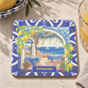Porta-copo De Pedra Azulejos de Citrino Mediterrâneo em Azul Rústico M