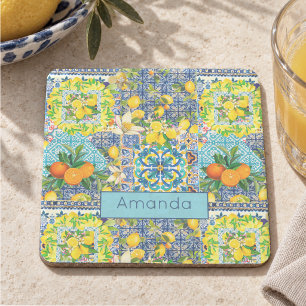 Porta-copo De Pedra Azulejos florais cítricos sicilianos turquesa azul