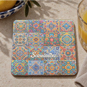 Porta-copo De Pedra Azulejos vermelhos amarelos elegantes talavera mex