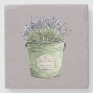 Porta-copo De Pedra Balde Verde Branco Flores Lavanda