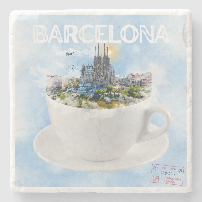 Porta-copo De Pedra Barcelona em um Teacup - Sagrada Familia Skyline (Frente)