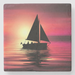 Porta-copo De Pedra Barco à Vela ao Pôr do Sol no Mar Projeto de Arte