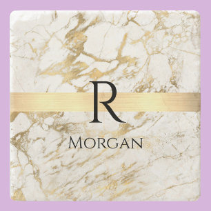 Porta-copo De Pedra Barra Dourada Mármore Branco e Dourado, Monograma