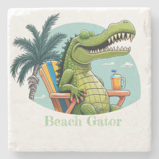 Porta-copo De Pedra Beach Gator está descansando na praia com texto