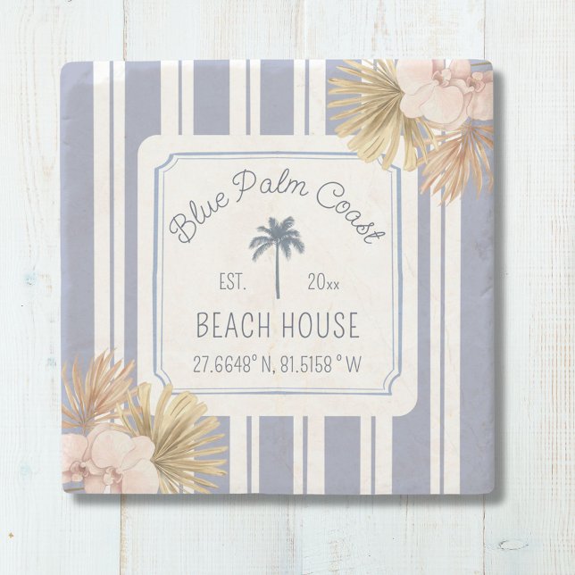 Porta-copo De Pedra Beach House Blue Stripes Coastal Boho Farmhouse (In situ)
