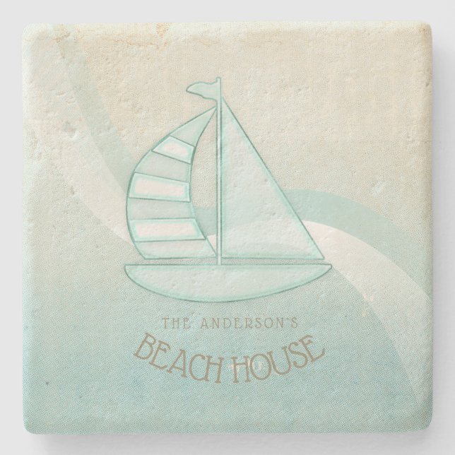 Porta-copo De Pedra Beach House NMaritime boat Aqua Blue ID623 (Frente)