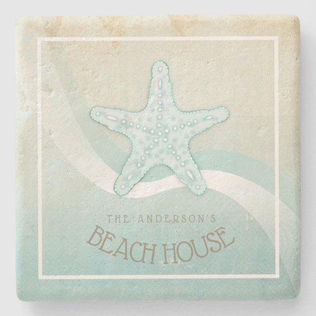 Porta-copo De Pedra Beach House - Starfish Aqua Blue ID623 (Frente)