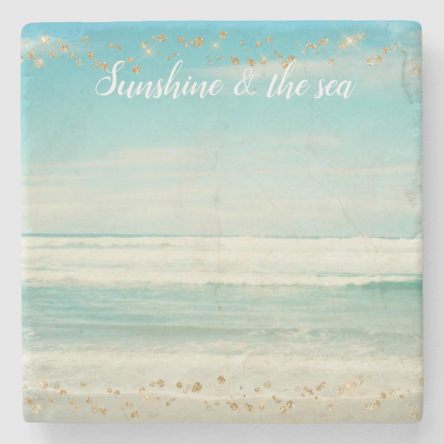 Porta-copo De Pedra Beach Ocean Ondas Douradas Confetti     (Frente)