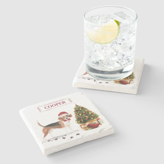 Porta-copo De Pedra Beagle Engraçado Cachorro de Natal com Árvore (Lateral)