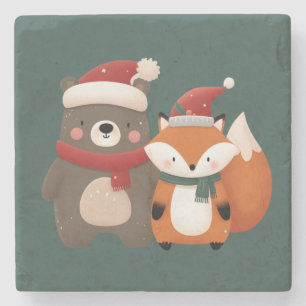 Porta-copo De Pedra Bear e Raposa Cubra de Natal/Inverno