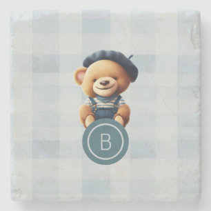 Porta-copo De Pedra Bear Monograma Blue Gingham