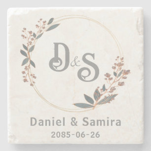 Porta-copo De Pedra Bege e Azul Floral Nome Personalizado Elegante