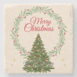 Porta-copo De Pedra Beige & Green Minimalist Elegant Merry Christmas