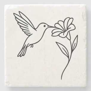 Porta-copo De Pedra Beija-flor e Flor – Arte Minimalista de Linha Pret