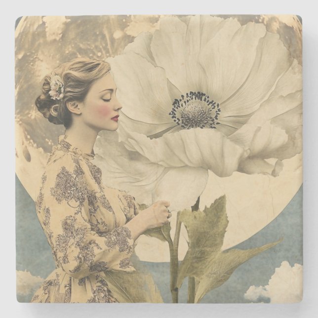 Porta-copo De Pedra Bela Lua - Mulher com Flor Branca e Lua (Frente)