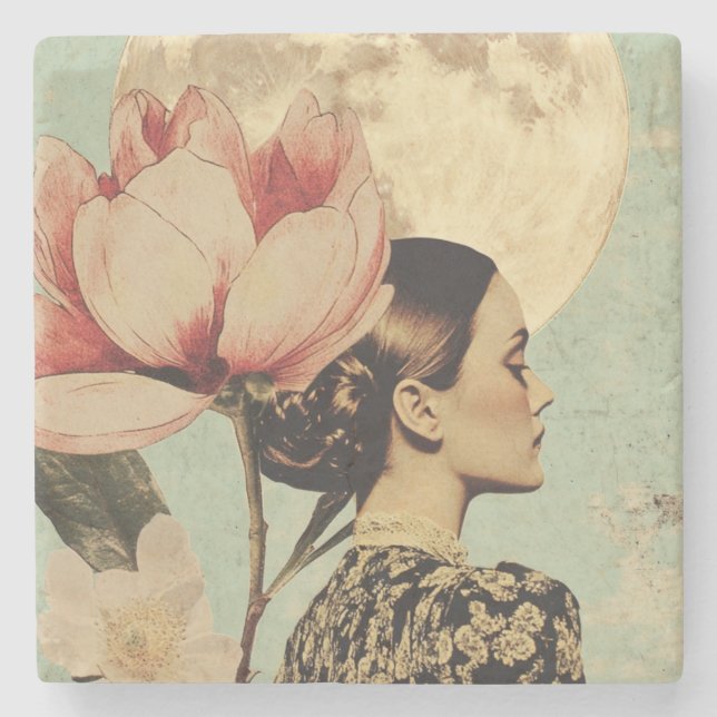 Porta-copo De Pedra Bela Lua - Mulher com Flor Rosa e Lua (Frente)