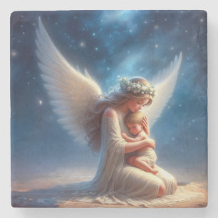 Porta-copo De Pedra Bela Pintura Digital de Anjo Segurando um Bebê