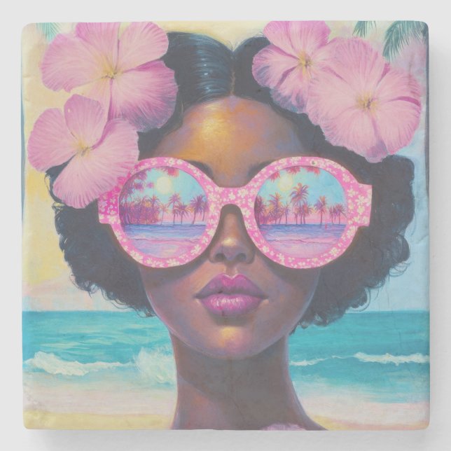 Porta-copo De Pedra Beleza tropical em tons de rosa (Frente)