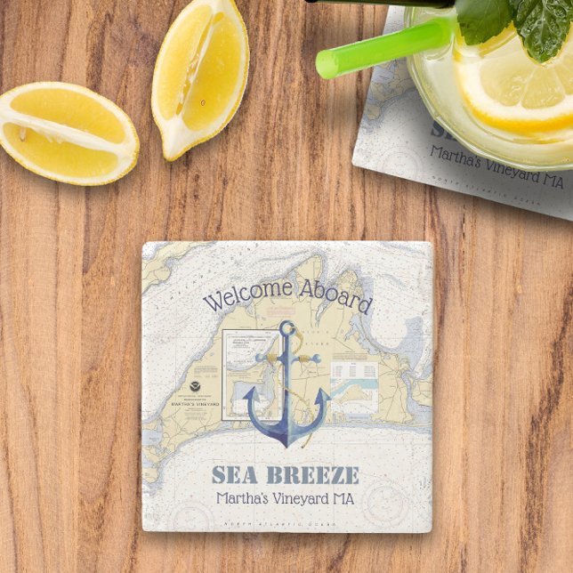 Porta-copo De Pedra Bem-vindos a bordo ⚓ Náutica do Vineyard de Martha (Welcome Aboard ⚓ Martha's Vineyard Nautical Stone Coaster
)