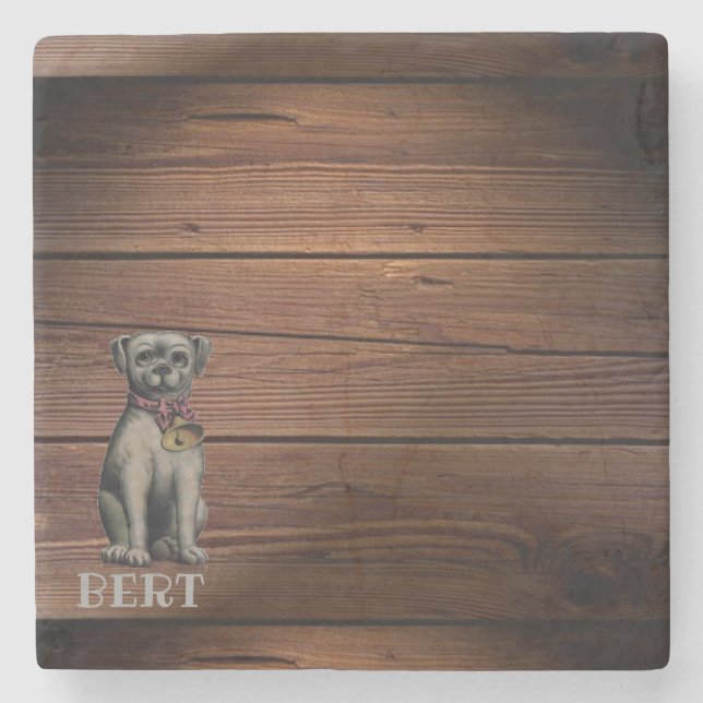 Porta-copo De Pedra Bert o Cão no Apoio de Pedra Quadrada de Madeira (Frente)