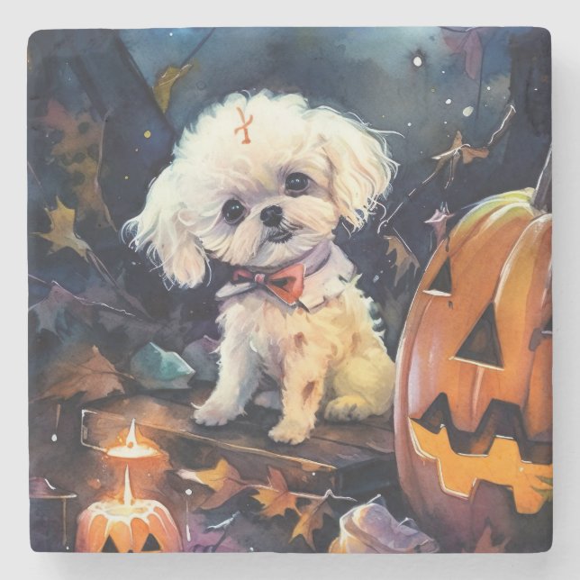 Porta-copo De Pedra Bichon Frise de Halloween com Abóboras Assustadora (Frente)