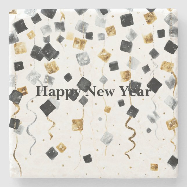 Porta-copo De Pedra Black Gold Happy New Year Confetti (Frente)