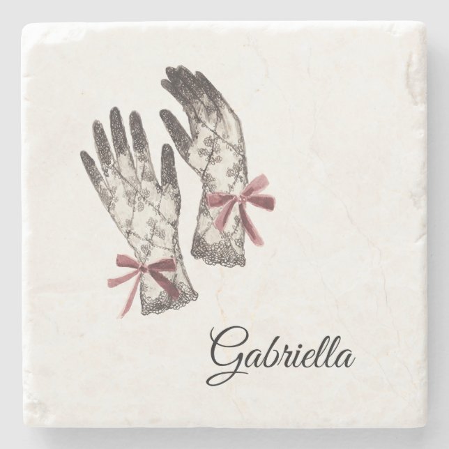 Porta-copo De Pedra Black White Lace Gloves Burgundy Bow (Frente)