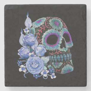 Porta-copo De Pedra Blue Floral Black Sugar Skull Day Of The Dead