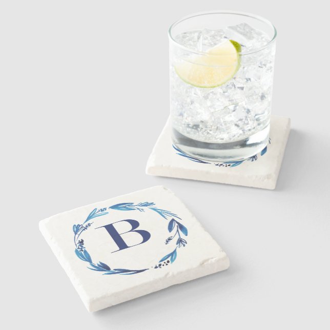 Porta-copo De Pedra Blue Floral Wreath 'B' (Lateral)