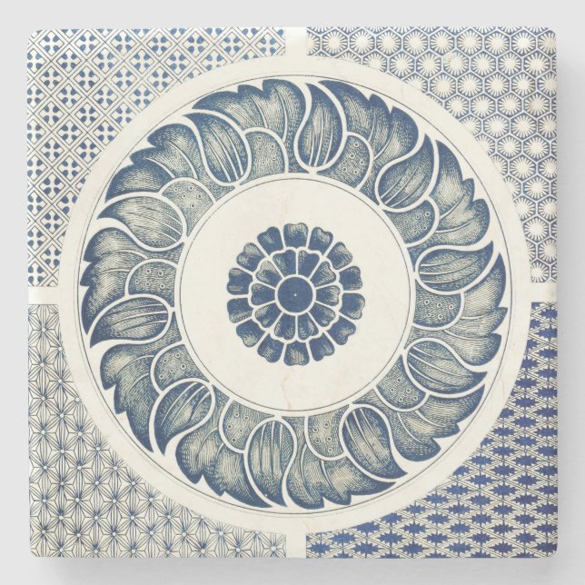 Porta-copo De Pedra Blue White Floral Chinês redondo (Frente)