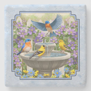 Porta-copo De Pedra Bluebird Goldfinches Flor Garden Fountain Blue