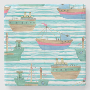 Porta-copo De Pedra Boats Stripes: Padrão De Pintura Por Aquarela.