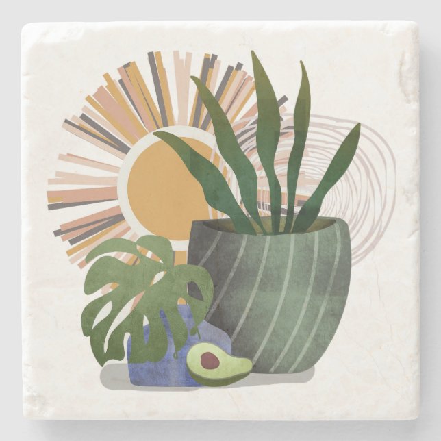 Porta-copo De Pedra Boho Botanical Neutral Mid Century Stone Coaster (Frente)