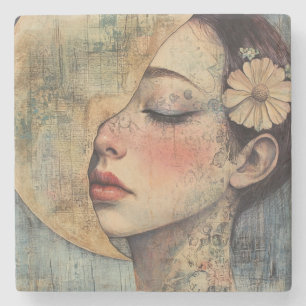 Porta-copo De Pedra Boho Vintage Woman e Half Moon
