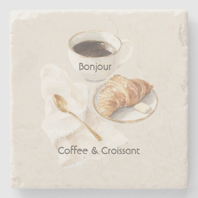 Porta-copo De Pedra Bom dia Croissant & Café   (Frente)