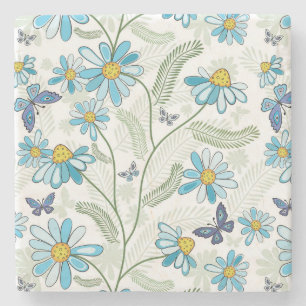 Porta-copo De Pedra Bonita Mão Desenhada Pasta Azul Padrão Floral