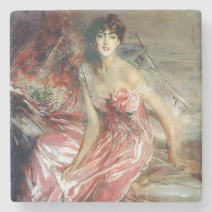 Porta-copo De Pedra Bonita senhora em vestido rosa (Giovanni Boldini)