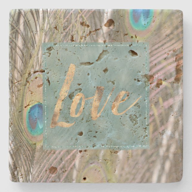 Porta-copo De Pedra Bonito Penas de Peacock Amor Dourado (Frente)