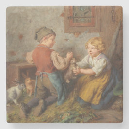 Porta-copo De Pedra Bons Amigos (Jovens Brincando Com Coelho De Pet)