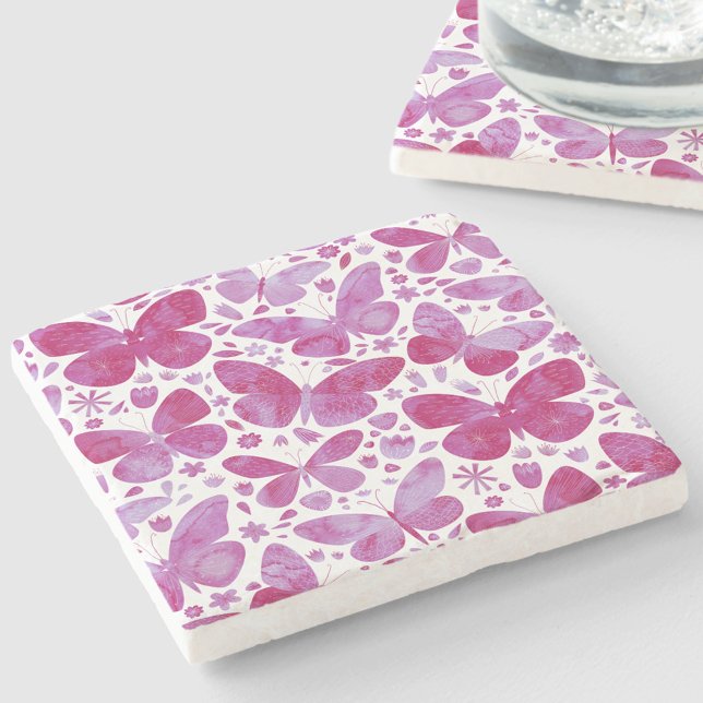 Porta-copo De Pedra Borboleta Aquarela Magenta Rosa (Magenta hot pink watercolor butterfly pattern stone coasters)