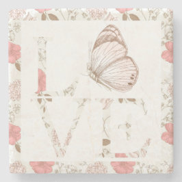 Porta-copo De Pedra Borboleta de Amor Rosa Floral