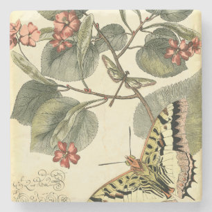 Porta-copo De Pedra Borboleta e Dragonfly com Flores Vermelhas