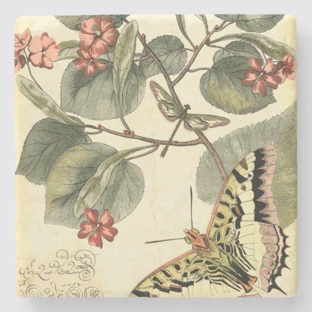 Porta-copo De Pedra Borboleta e Dragonfly com Flores Vermelhas (Frente)