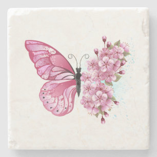 Porta-copo De Pedra Borboleta Flor com Sakura Rosa