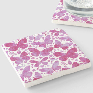 Porta-copo De Pedra Borboletas Aquarela Magenta Rosa