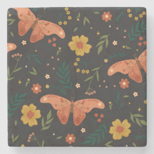 Porta-copo De Pedra Borboletas e flores - desenho desenhado à mão