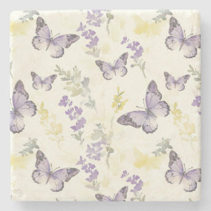 Porta-copo De Pedra Borboletas Roxas Lavanda Floral