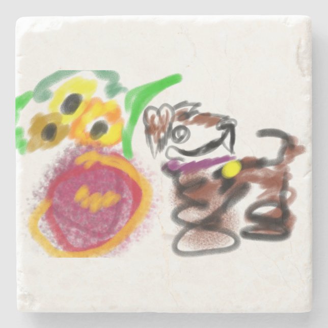 Porta-copo De Pedra Border Collie sunflowers  (Frente)