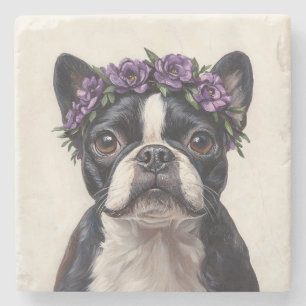 Porta-copo De Pedra Boston Terrier com Coroa de Flores Roxas