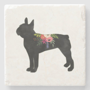 Porta-copo De Pedra Boston Terrier Dog Breed Boho Floral Silhouette